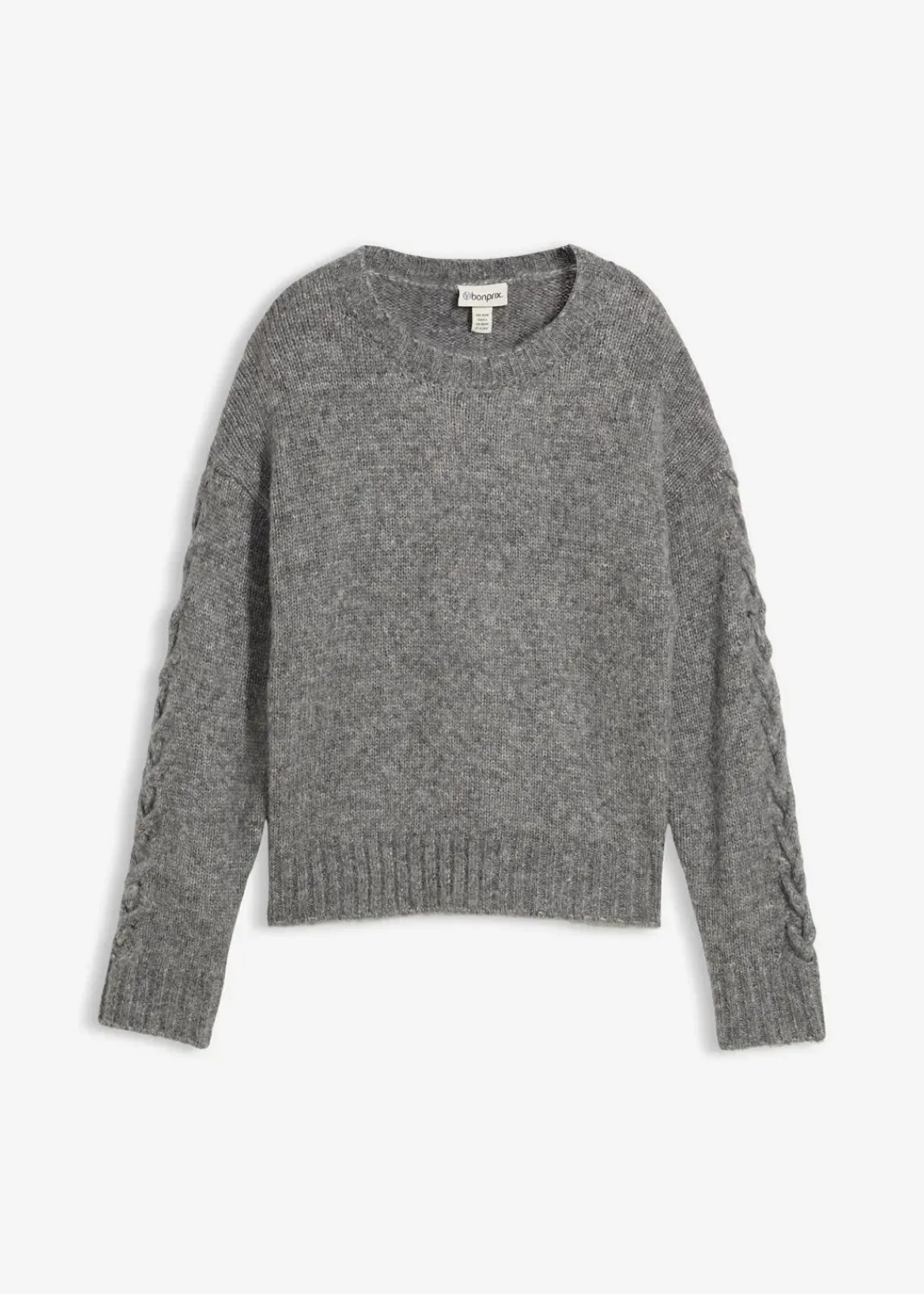 bonprix Bekleidung·Umstandsmode|Bekleidung·Jeans^Boxy-Pullover mit geflochtenen Ärmeln grau meliert