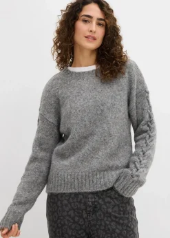 bonprix Bekleidung·Umstandsmode|Bekleidung·Jeans^Boxy-Pullover mit geflochtenen Ärmeln grau meliert