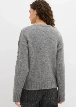 bonprix Bekleidung·Umstandsmode|Bekleidung·Jeans^Boxy-Pullover mit geflochtenen Ärmeln grau meliert