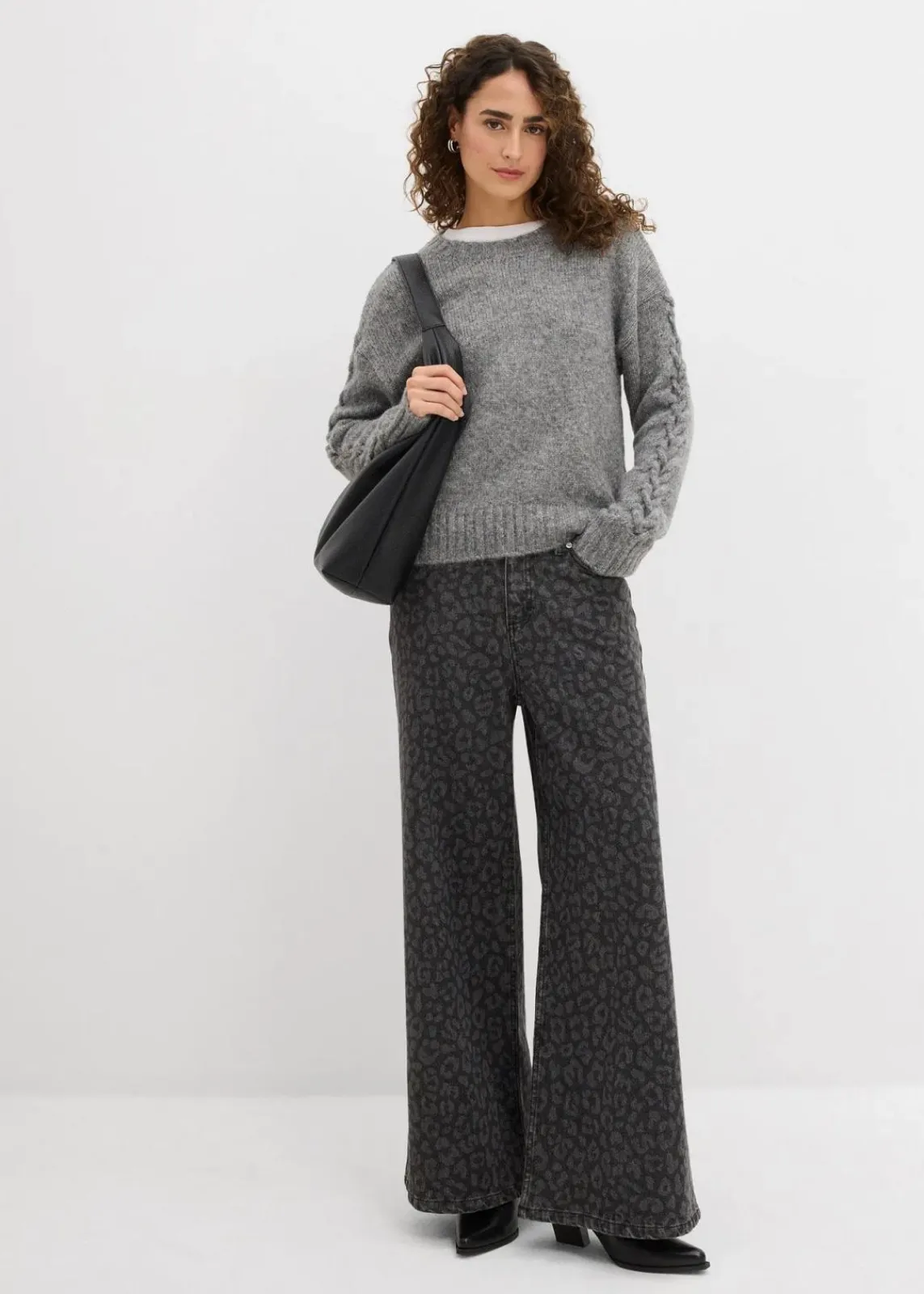 bonprix Bekleidung·Umstandsmode|Bekleidung·Jeans^Boxy-Pullover mit geflochtenen Ärmeln grau meliert