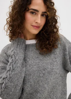 bonprix Bekleidung·Umstandsmode|Bekleidung·Jeans^Boxy-Pullover mit geflochtenen Ärmeln grau meliert