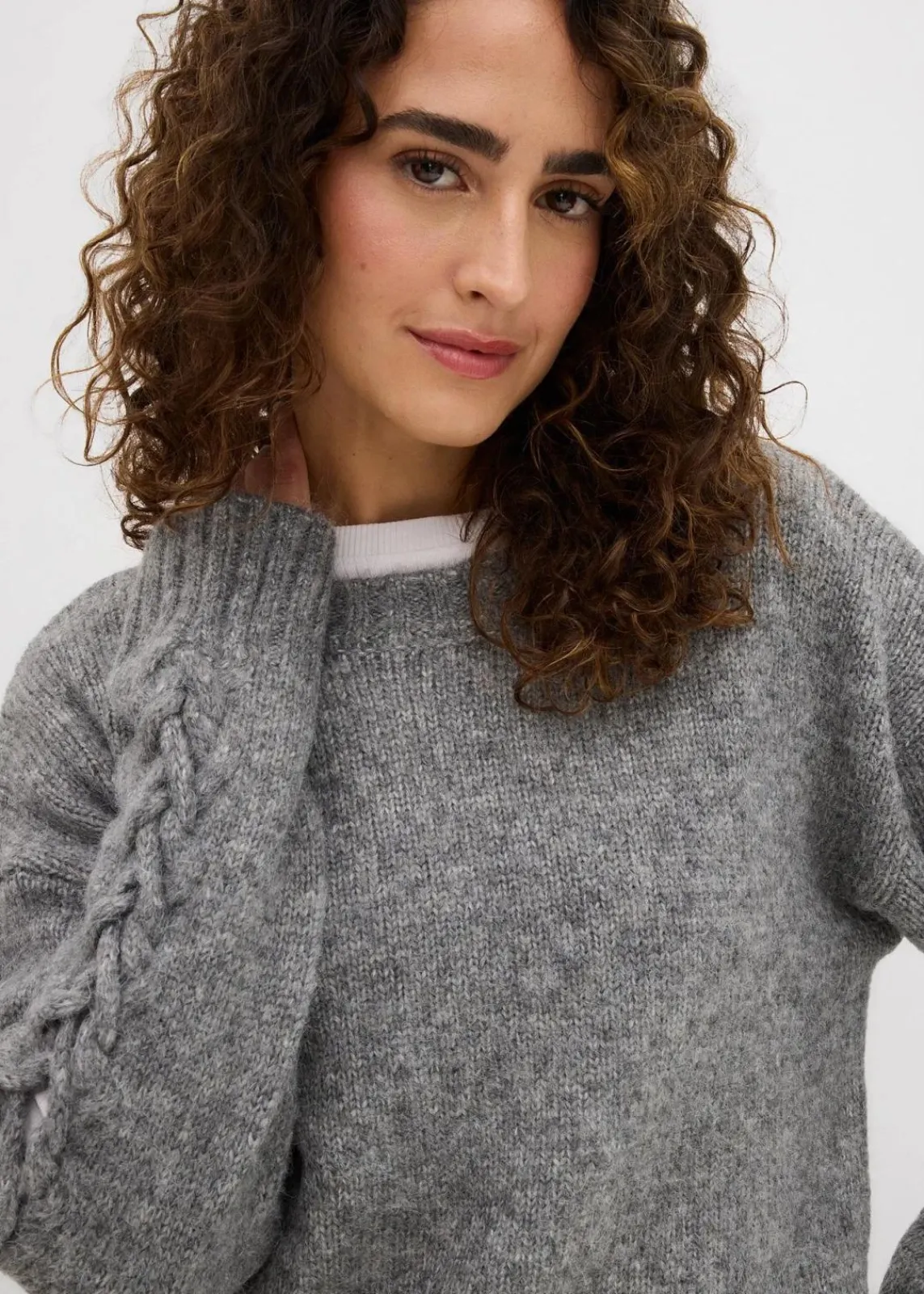 bonprix Bekleidung·Umstandsmode|Bekleidung·Jeans^Boxy-Pullover mit geflochtenen Ärmeln grau meliert