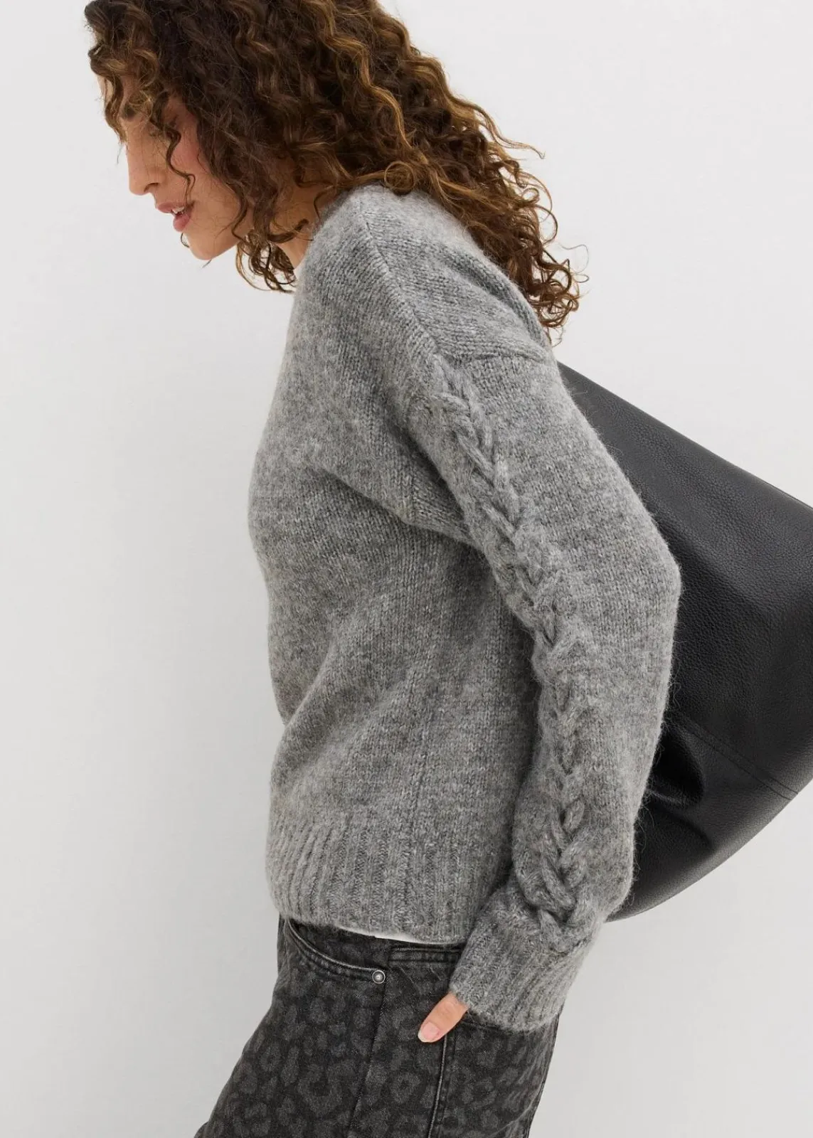 bonprix Bekleidung·Umstandsmode|Bekleidung·Jeans^Boxy-Pullover mit geflochtenen Ärmeln grau meliert
