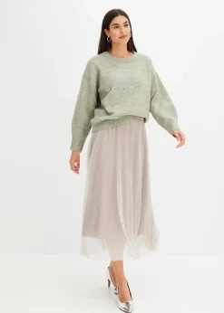 bonprix Bekleidung·Umstandsmode|Strickmode^Boxy-Pullover mit Pailletten seegras meliert