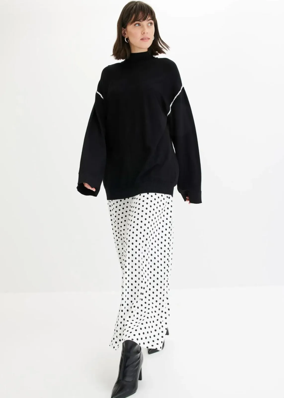 bonprix Strickmode|Pullover & Strickjacken^Boxy-Pullover mit Zierstich aus Viskose-Mix schwarz/wollweiß
