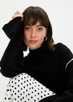 bonprix Strickmode|Pullover & Strickjacken^Boxy-Pullover mit Zierstich aus Viskose-Mix schwarz/wollweiß