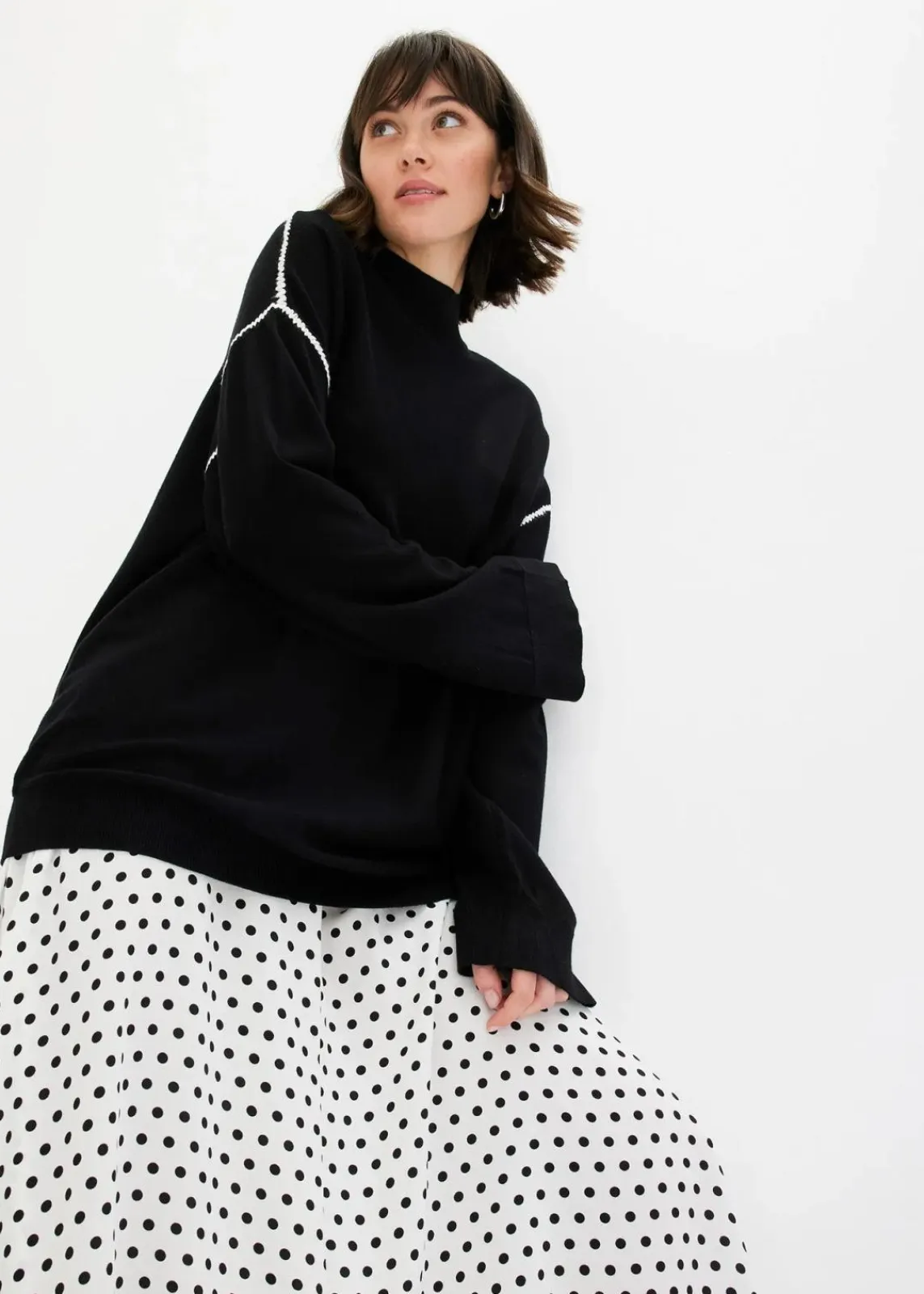 bonprix Strickmode|Pullover & Strickjacken^Boxy-Pullover mit Zierstich aus Viskose-Mix schwarz/wollweiß