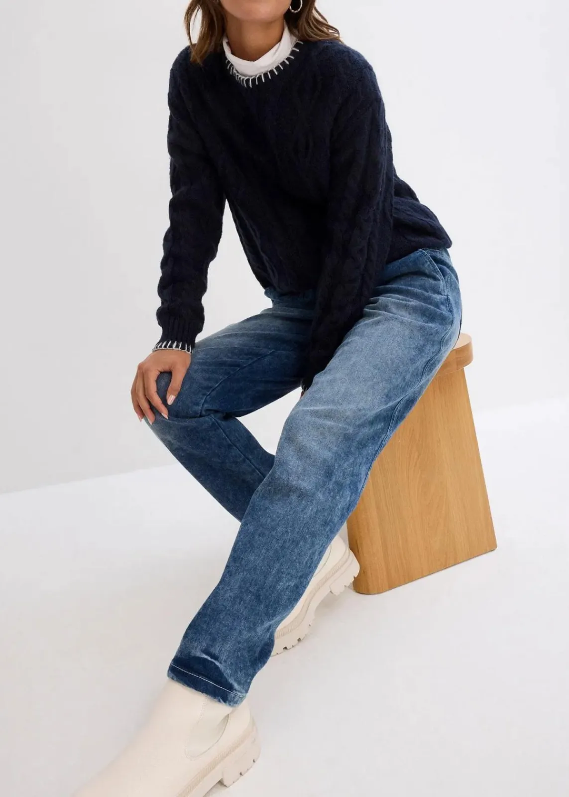 bonprix Bekleidung·Shirts & Tops|Jeans^Boyfriend Jeans Mid Waist, Thermo dunkelblau denim used