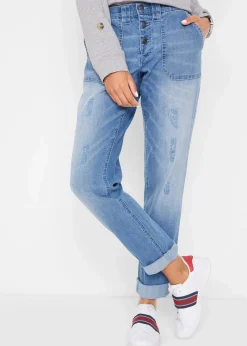 bonprix Bekleidung·Shirts & Tops|Jeans^Boyfriend-Jeans Mid Waist Komfort-Stretch hellblau denim used
