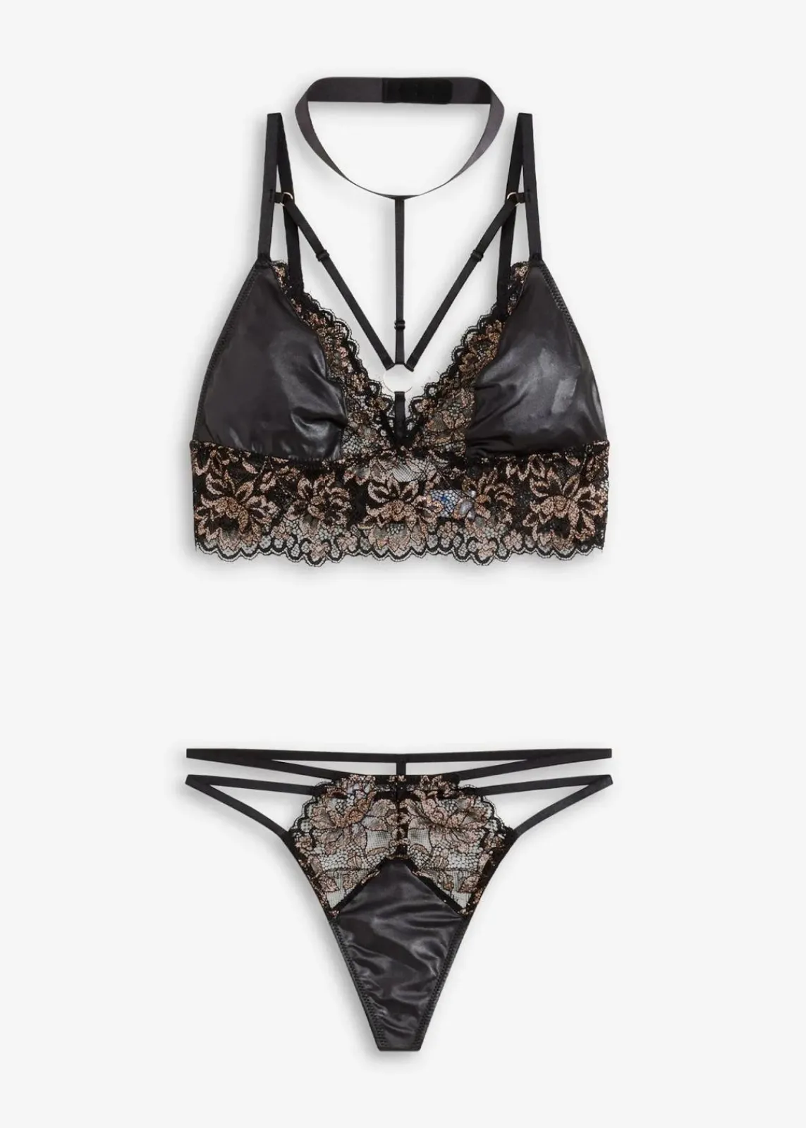 bonprix Wäsche·Erotikwäsche|Wäsche·Bhs^Bralette + String (2-tlg.Set) schwarz/metallic kupfer
