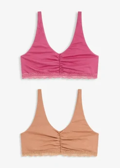 bonprix Wäsche·Baumwollunterwäsche|Basics^Bralette mit Baumwolle und Spitze (2er Pack) camel + kirschblütenpink