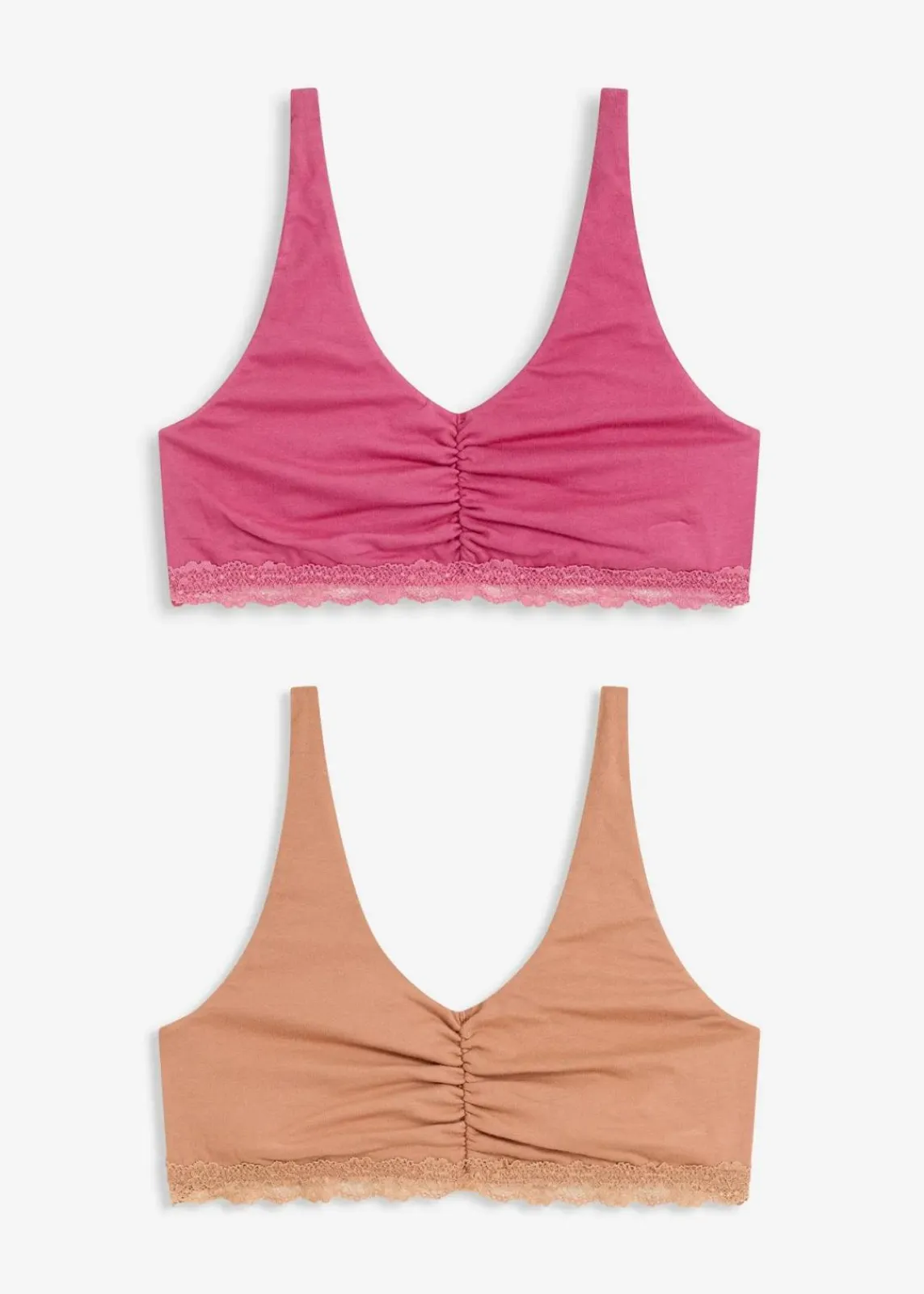 bonprix Wäsche·Baumwollunterwäsche|Basics^Bralette mit Baumwolle und Spitze (2er Pack) camel + kirschblütenpink