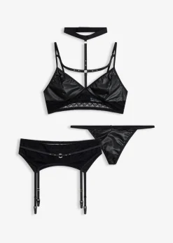 bonprix Wäsche·Erotikwäsche|Erotikwäsche^Bralette+String+Strapshalter mit Wetlook (3-tlg.Set) schwarz