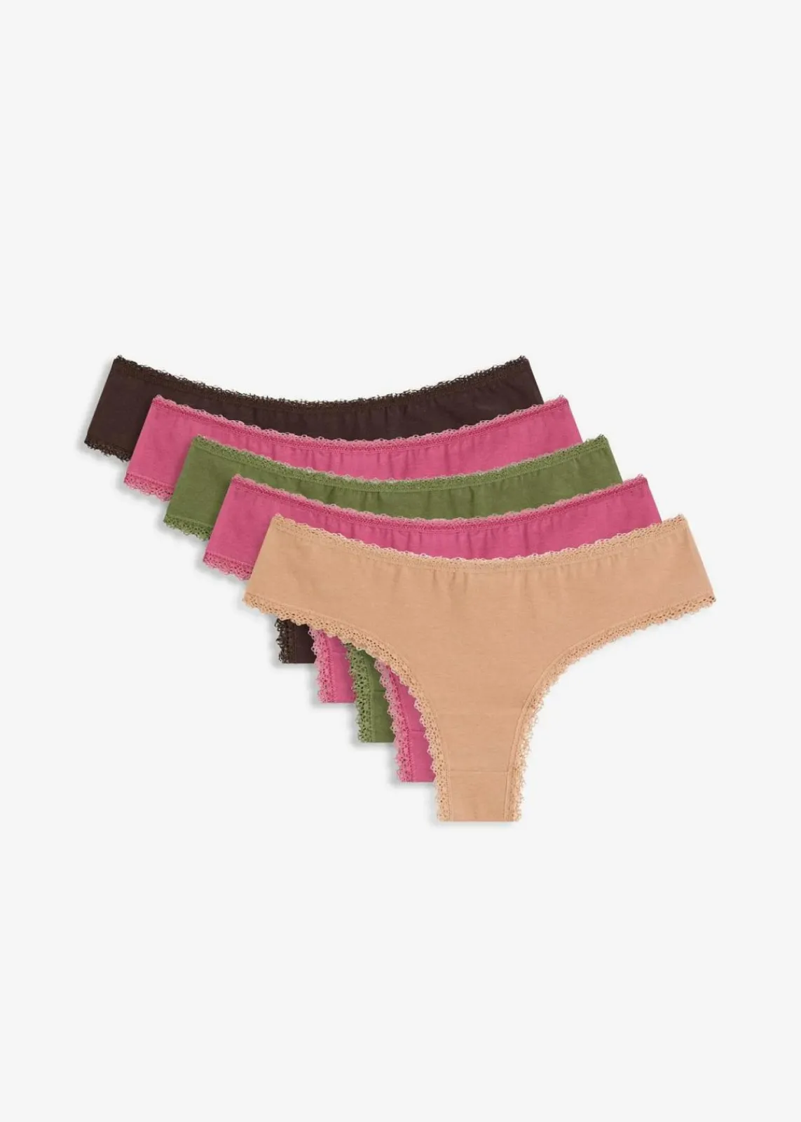 bonprix Wäsche·Baumwollunterwäsche|Wäsche·Höschen^Brazilslip mit Baumwolle (5er Pack) dunkelbraun/kirschblütenpink/dunkelkhaki/camel