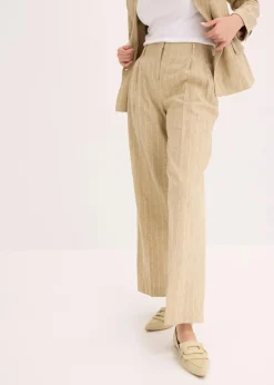 bonprix Bekleidung·Kleider|Hosen^Bundfaltenhose mit Leinenanteil khakibraun/natur gestreift