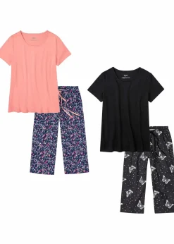 bonprix Wäsche·Nachtwäsche|Nachtwäsche^Capri Pyjama aus reiner Baumwolle (2er Pack) schwarz bedruckt + hellkoralle geblümt