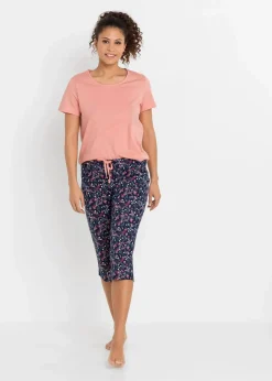 bonprix Wäsche·Nachtwäsche|Nachtwäsche^Capri Pyjama aus reiner Baumwolle (2er Pack) schwarz bedruckt + hellkoralle geblümt