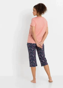 bonprix Wäsche·Nachtwäsche|Nachtwäsche^Capri Pyjama aus reiner Baumwolle (2er Pack) schwarz bedruckt + hellkoralle geblümt