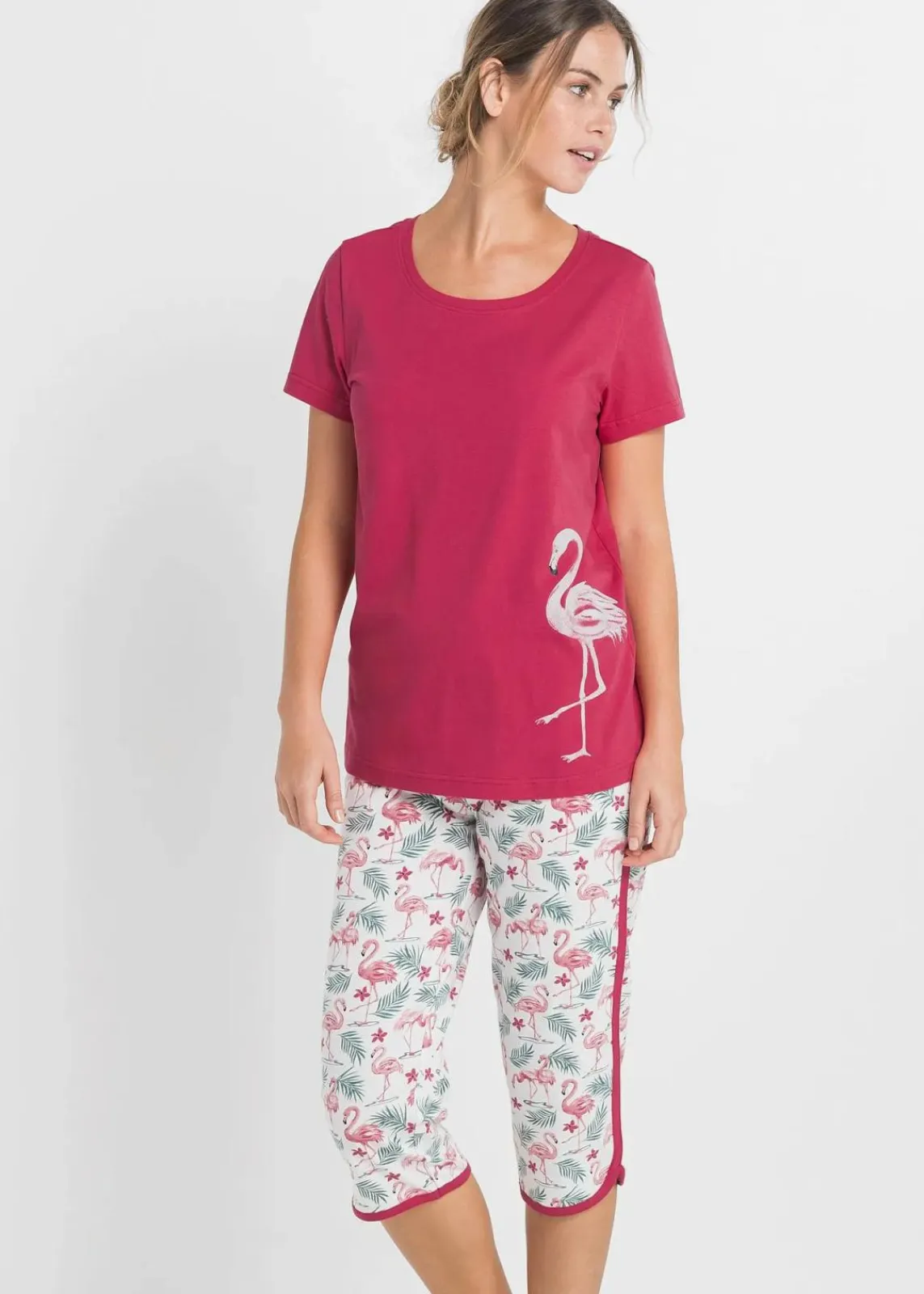 bonprix Nachtwäsche^Capri Pyjama aus reiner Baumwolle granatapfelrot bedruckt