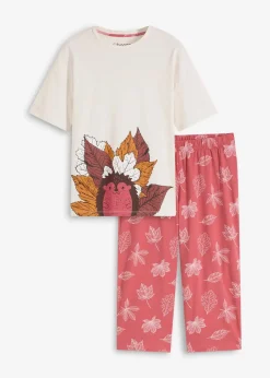 bonprix Nachhaltigere Materialien|Nachtwäsche^Capri Pyjama aus reiner Bio-Baumwolle wollweiß/rauchhimbeere bedruckt