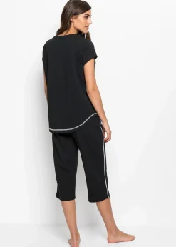 bonprix Nachhaltigere Materialien|Nachtwäsche^Capri Pyjama aus reiner Bio-Baumwolle schwarz/weiß