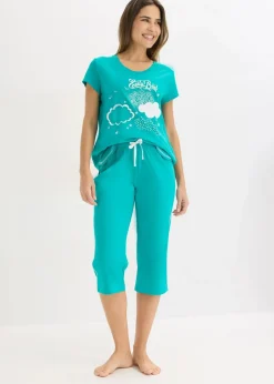 bonprix Wäsche·Nachtwäsche|Nachhaltigere Materialien^Capri Pyjama aus reiner Bio-Baumwolle smaragd/weiß