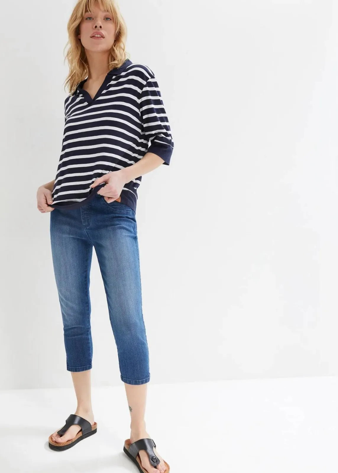 bonprix Bekleidung·Shirts & Tops|Jeans^Capri-Jeans Slim, Mid Waist (2er Pack) blau denim+dunkelblau denim used