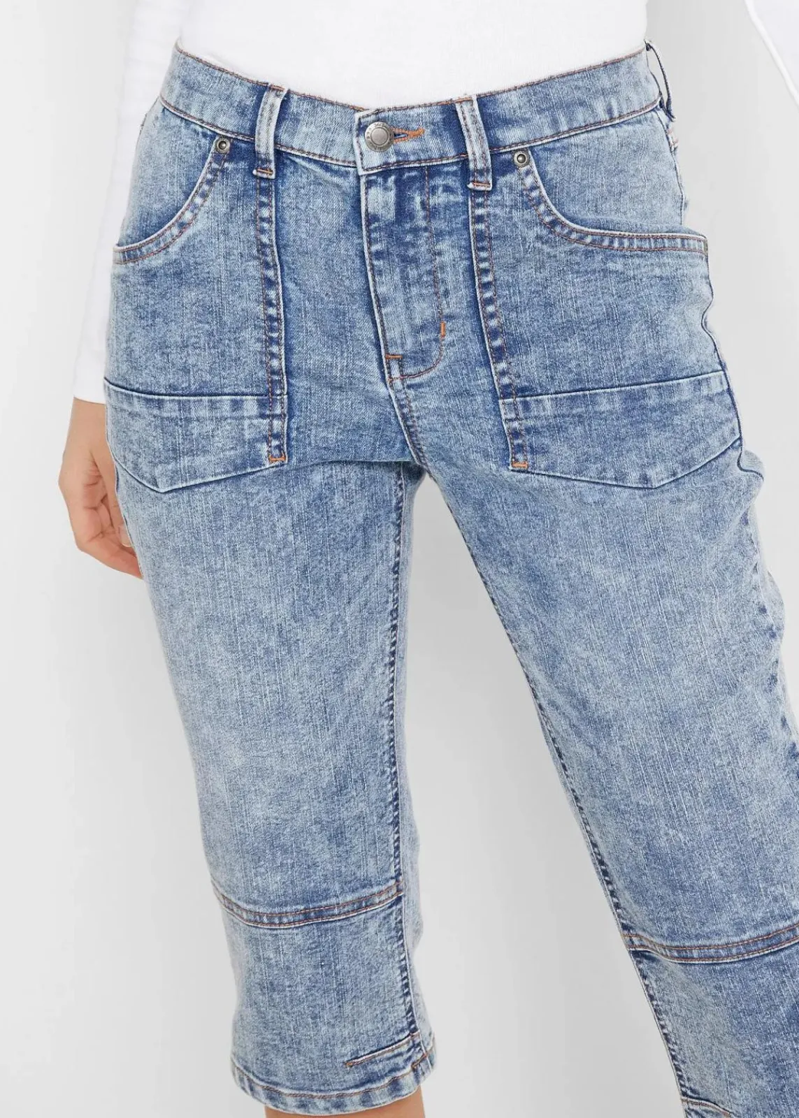 bonprix Bekleidung·Shirts & Tops|Jeans^Capri-Komfort-Stretch-Jeans hellblau used