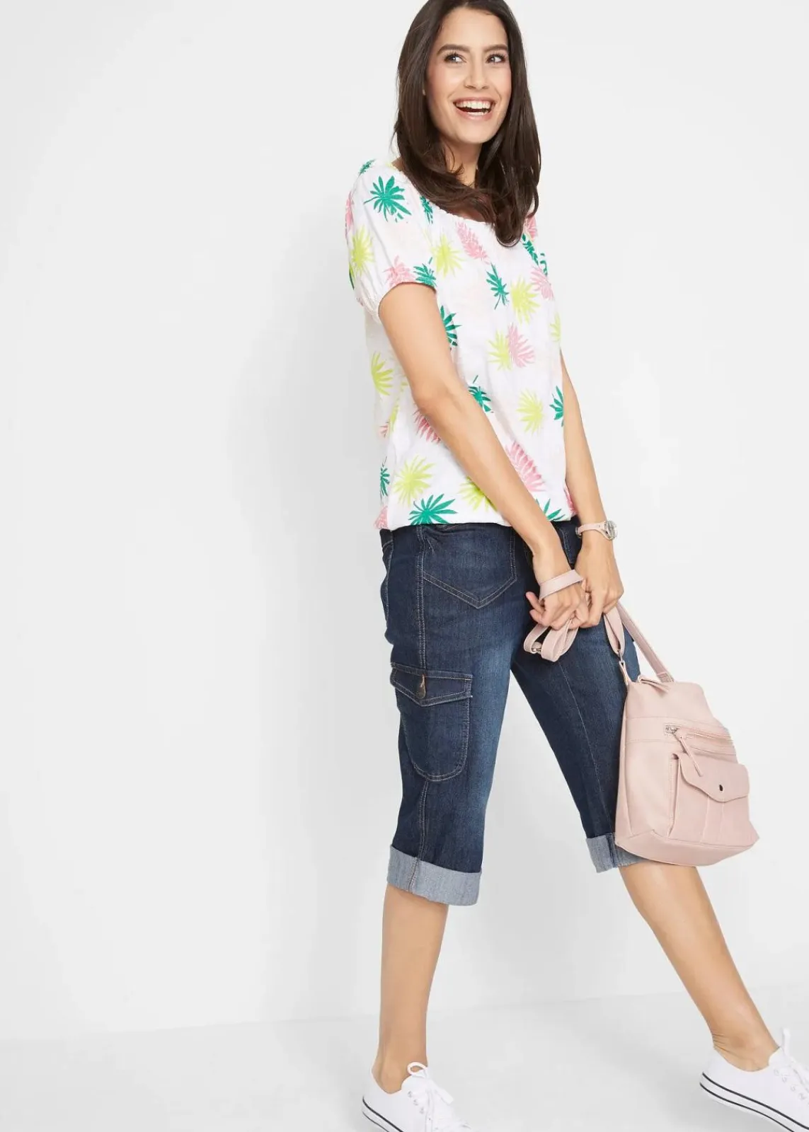 bonprix Bekleidung·Shirts & Tops|Jeans^Cargo Jeans, Mid Waist, Stretch dunkelblau denim