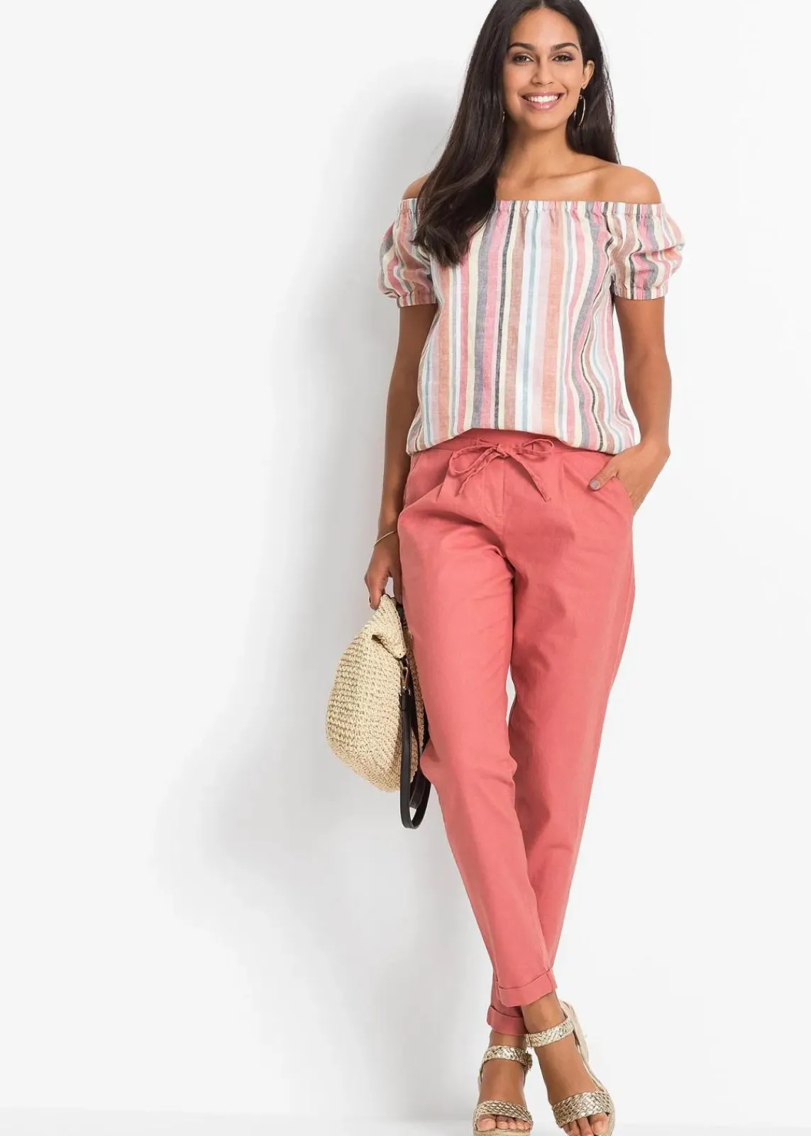 bonprix Bekleidung·Jacken & Mäntel|Blusen & Tuniken^Carmenbluse rot/beige gestreift