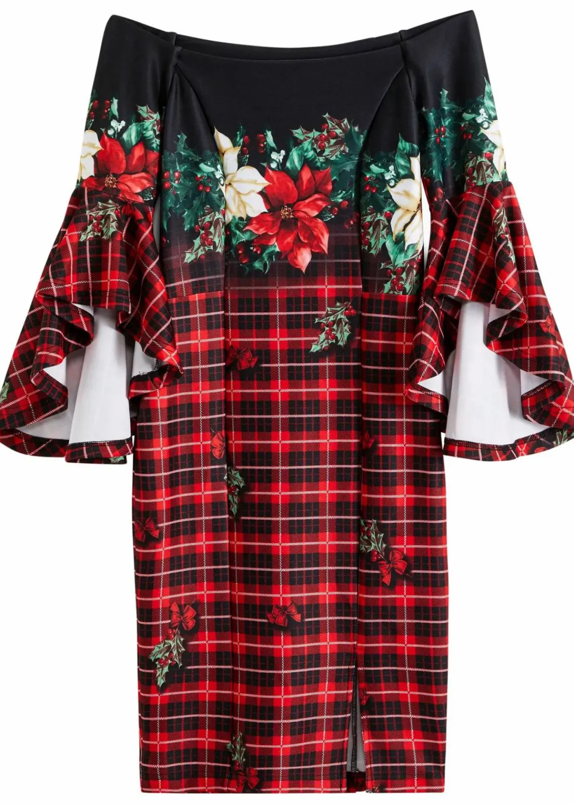 bonprix Bekleidung·Pullover & Strickjacken|Kleider^Carmen-Kleid aus fester Scuba-Qualität mit Weichnachtsmotiv rot/schwarz