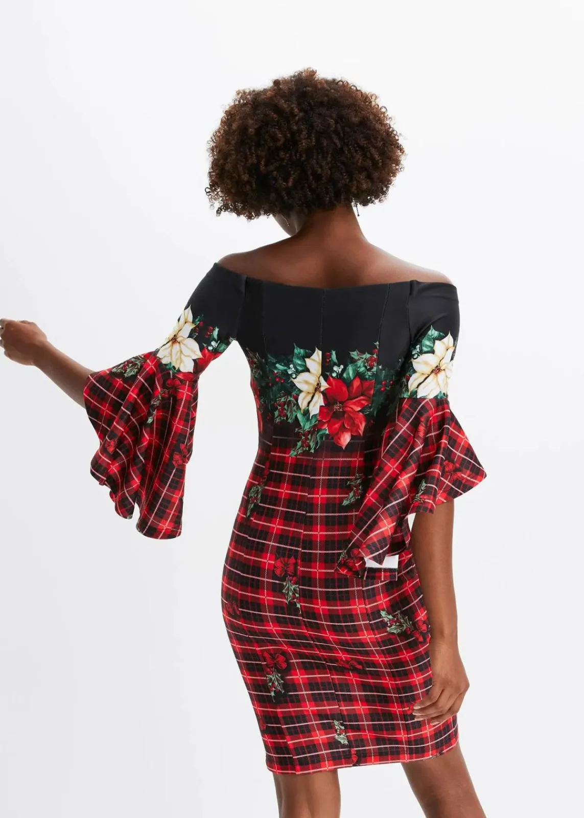 bonprix Bekleidung·Pullover & Strickjacken|Kleider^Carmen-Kleid aus fester Scuba-Qualität mit Weichnachtsmotiv rot/schwarz