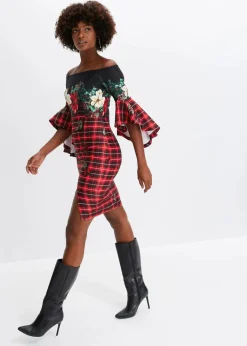 bonprix Bekleidung·Pullover & Strickjacken|Kleider^Carmen-Kleid aus fester Scuba-Qualität mit Weichnachtsmotiv rot/schwarz