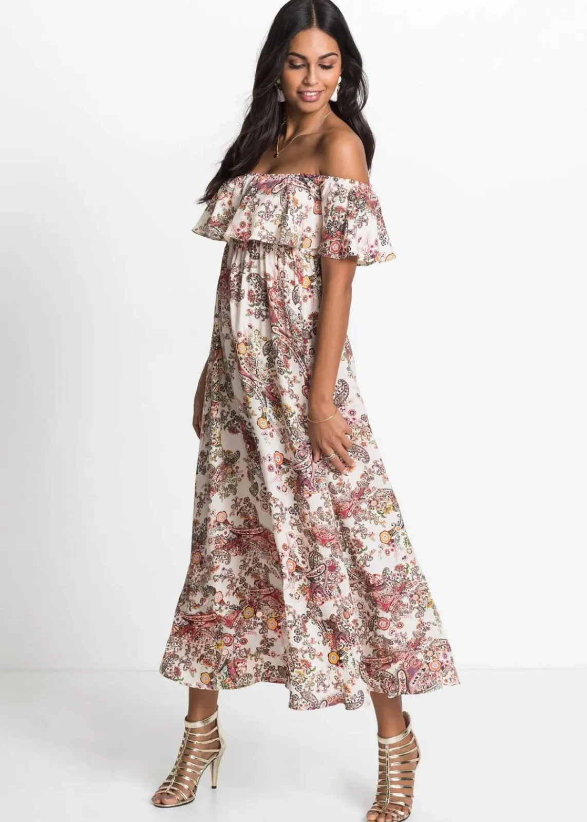 bonprix Kleider^Carmen-Kleid aus fließender Viskose beige paisley