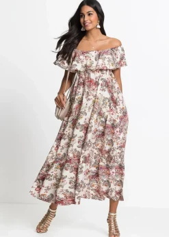 bonprix Kleider^Carmen-Kleid aus fließender Viskose beige paisley