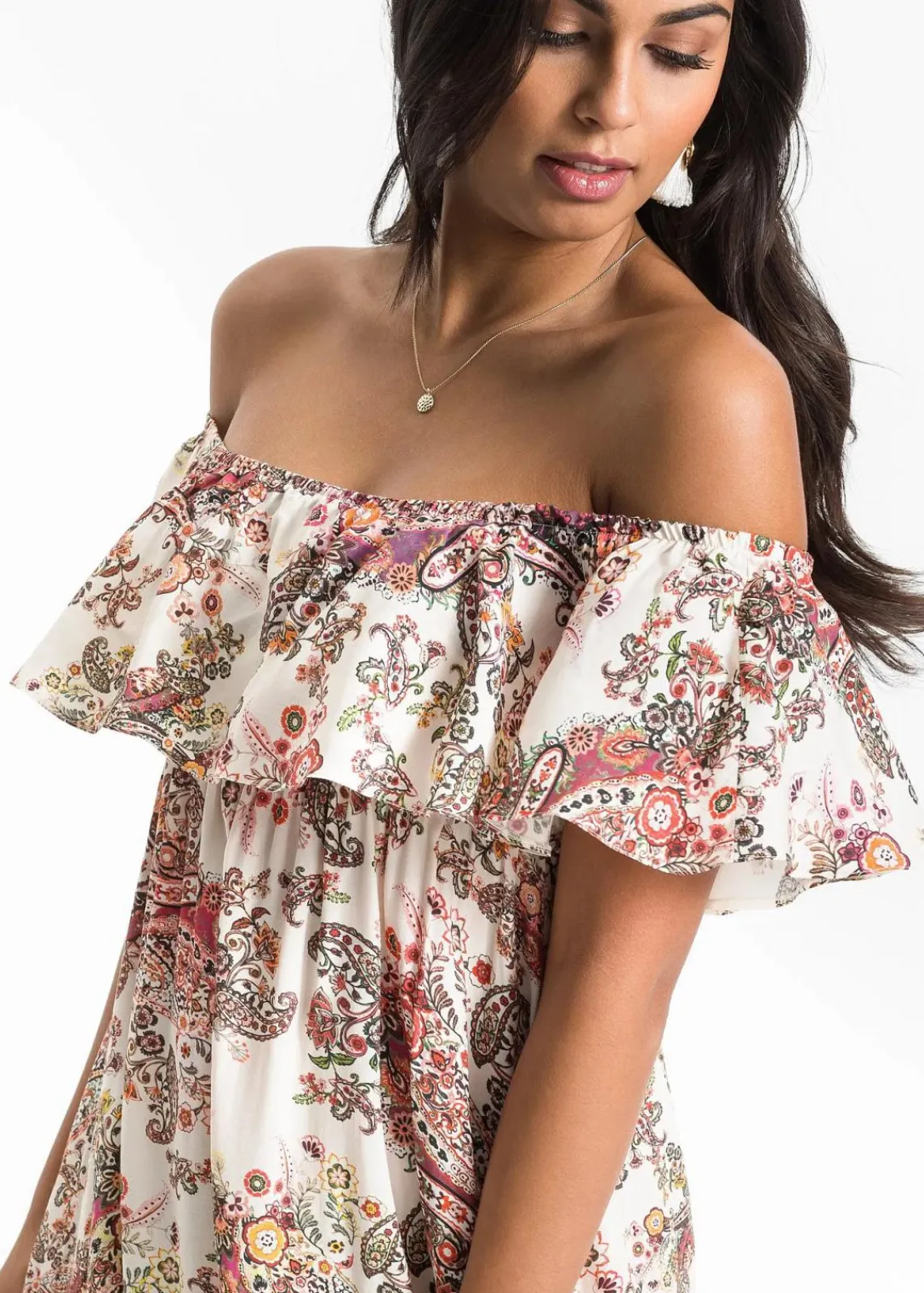 bonprix Kleider^Carmen-Kleid aus fließender Viskose beige paisley