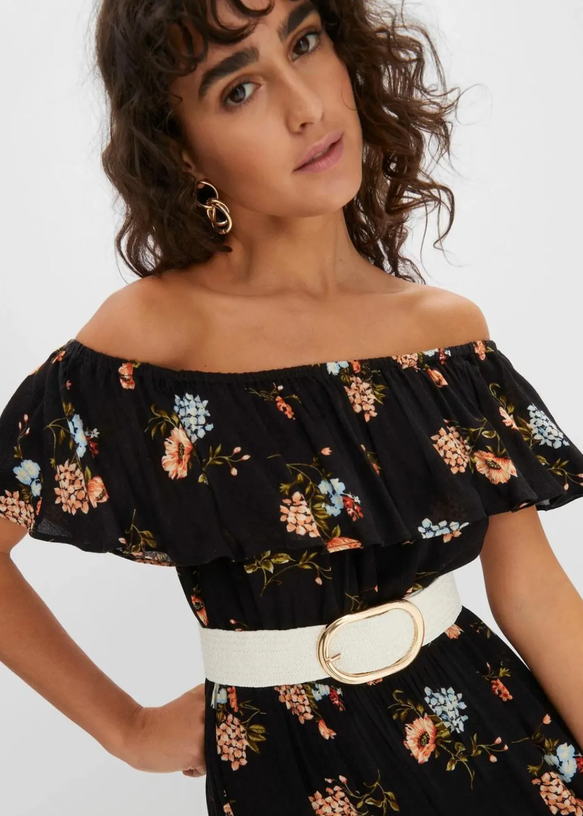 bonprix Kleider|Bekleidung·Pullover & Strickjacken^Carmen-Kleid aus fließender Viskose schwarz geblümt