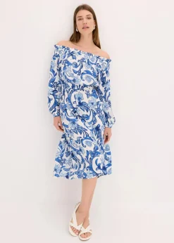 bonprix Bekleidung·Pullover & Strickjacken|Kleider^Carmen-Kleid aus strukturierter Viskose weiß/gletscherblau bedruckt