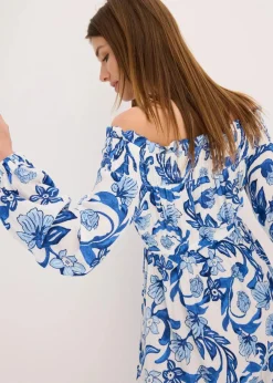 bonprix Bekleidung·Pullover & Strickjacken|Kleider^Carmen-Kleid aus strukturierter Viskose weiß/gletscherblau bedruckt