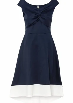 bonprix Bekleidung·Pullover & Strickjacken|Festliche Mode^Carmen-Kleid mit Knotendetail dunkelblau / weiss