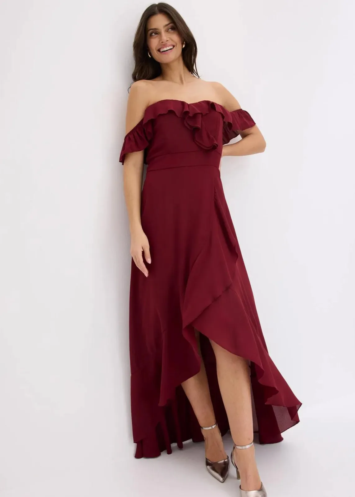 bonprix Festliche Mode|Kleider^Carmen-Kleid mit Volants rubinrot