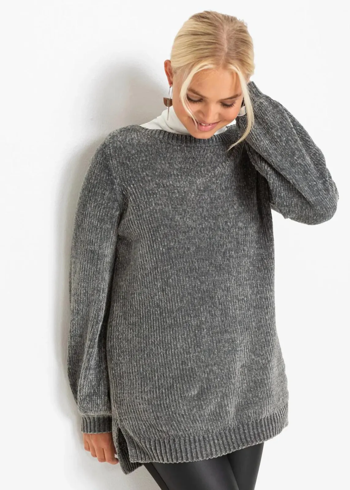 bonprix Bekleidung·Umstandsmode|Strickmode^Chenille-Longpullover anthrazit