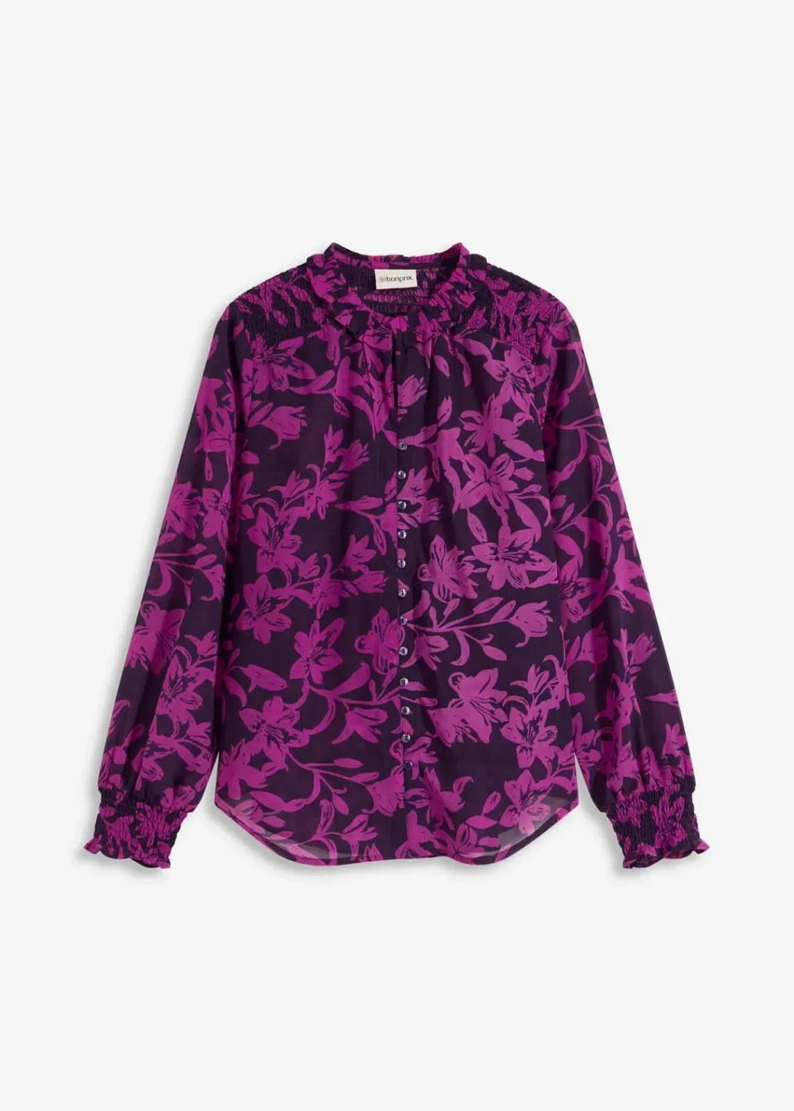 bonprix Nachhaltigere Materialien|Blusen & Tuniken^Chiffon Bluse mit Smok-Details dunkellila/pfingstrose bedruckt