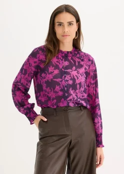 bonprix Nachhaltigere Materialien|Blusen & Tuniken^Chiffon Bluse mit Smok-Details dunkellila/pfingstrose bedruckt