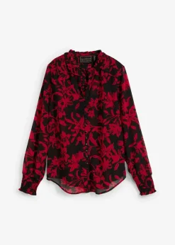 bonprix Nachhaltigere Materialien|Blusen & Tuniken^Chiffon Bluse mit Smok-Details schwarz/rot bedruckt