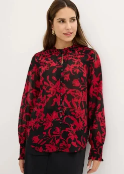bonprix Nachhaltigere Materialien|Blusen & Tuniken^Chiffon Bluse mit Smok-Details schwarz/rot bedruckt