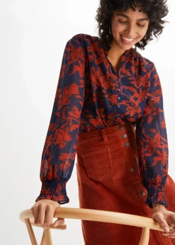 bonprix Bekleidung·Jacken & Mäntel|Blusen & Tuniken^Chiffon Bluse mit Smok-Details dunkelblau/rostbraun bedruckt