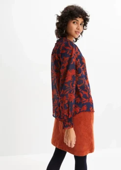 bonprix Bekleidung·Jacken & Mäntel|Blusen & Tuniken^Chiffon Bluse mit Smok-Details dunkelblau/rostbraun bedruckt