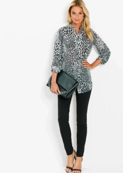 bonprix Bekleidung·Jacken & Mäntel|Blusen & Tuniken^Chiffon Longbluse schwarz/wollweiß bedruckt