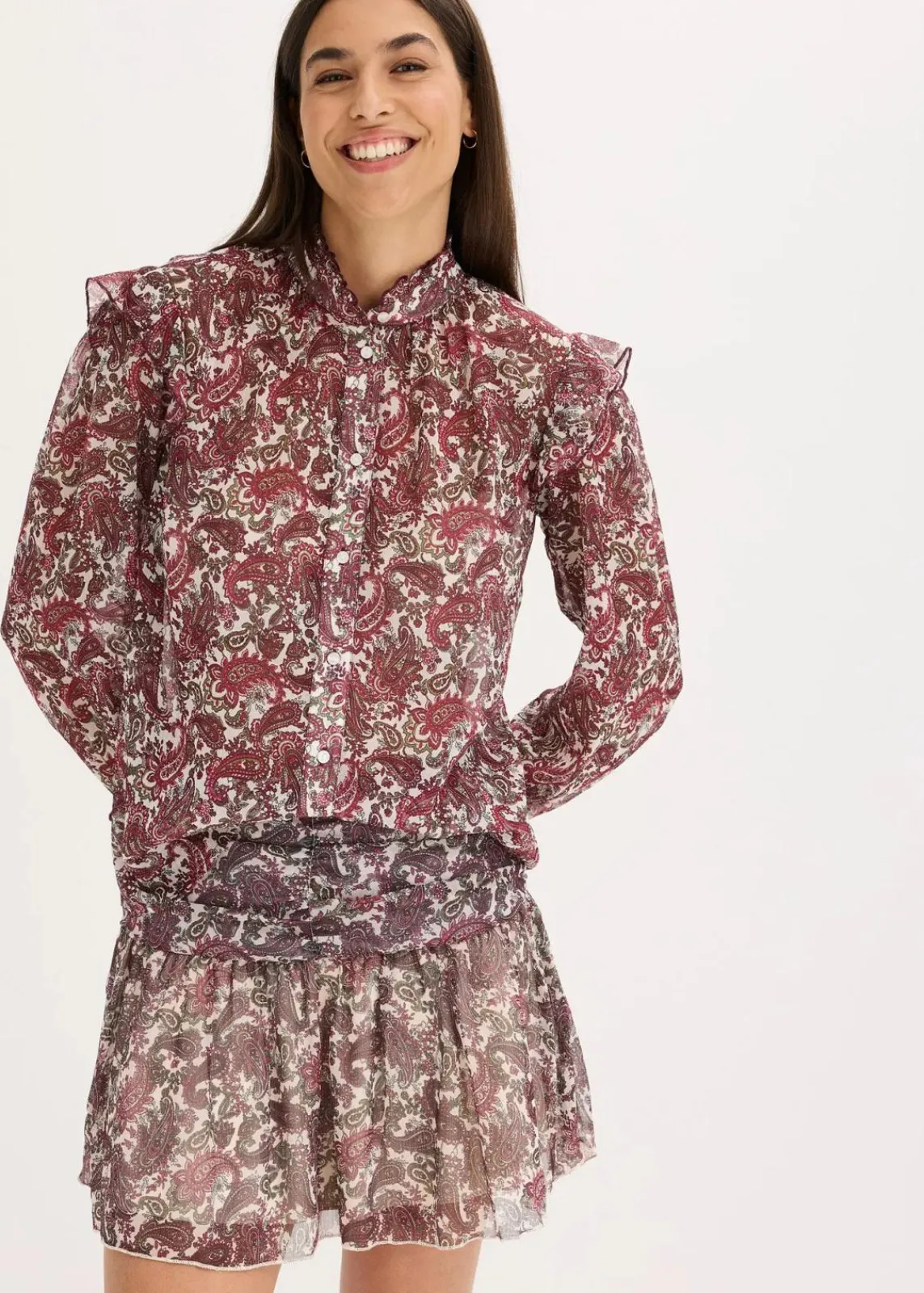 bonprix Blusen & Tuniken|Bekleidung·Jacken & Mäntel^Chiffonbluse kieselbeige/rhododendronrot/dunkeloliv paisley
